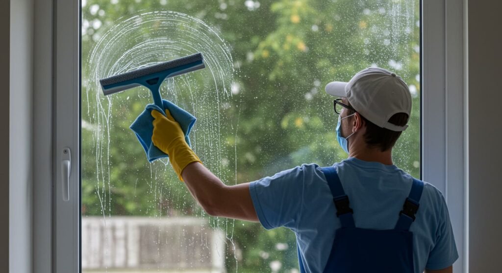 Fensterreiniger wischt mit einem Reinigungstool die Glasscheibe, während Tageslicht durch das Fenster fällt