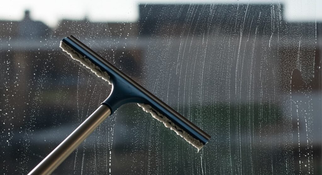 Fensterreinigung Streifenfreie Glaspflege Glasoberfläche mit sichtbaren Wasser- und Reinigungsspuren sowie einem Fensterabzieher im Einsatz